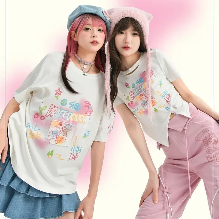 Summer Sweet Girl Style Painted Bear Printed T-shirt