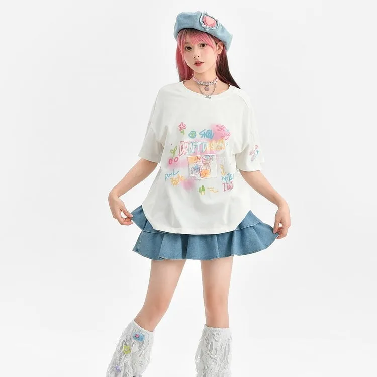 Summer Sweet Girl Style Painted Bear Printed T-shirt