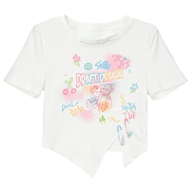 Summer Sweet Girl Style Painted Bear Printed T-shirt