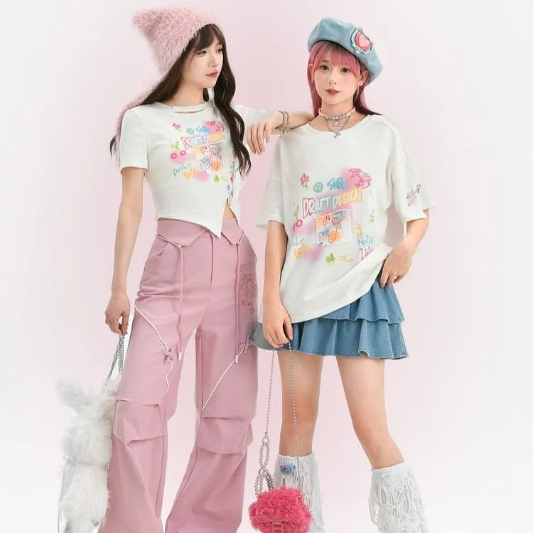 Summer Sweet Girl Style Painted Bear Printed T-shirt