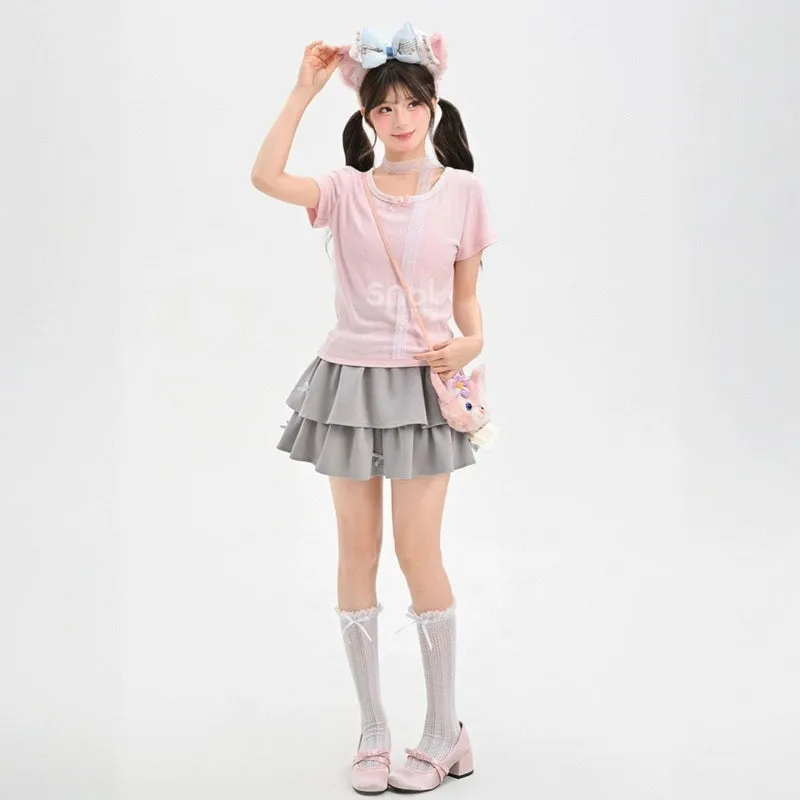 Summer Sweet Style Pink Lace T-shirt