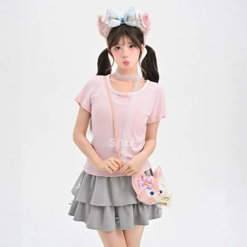 Summer Sweet Style Pink Lace T-shirt