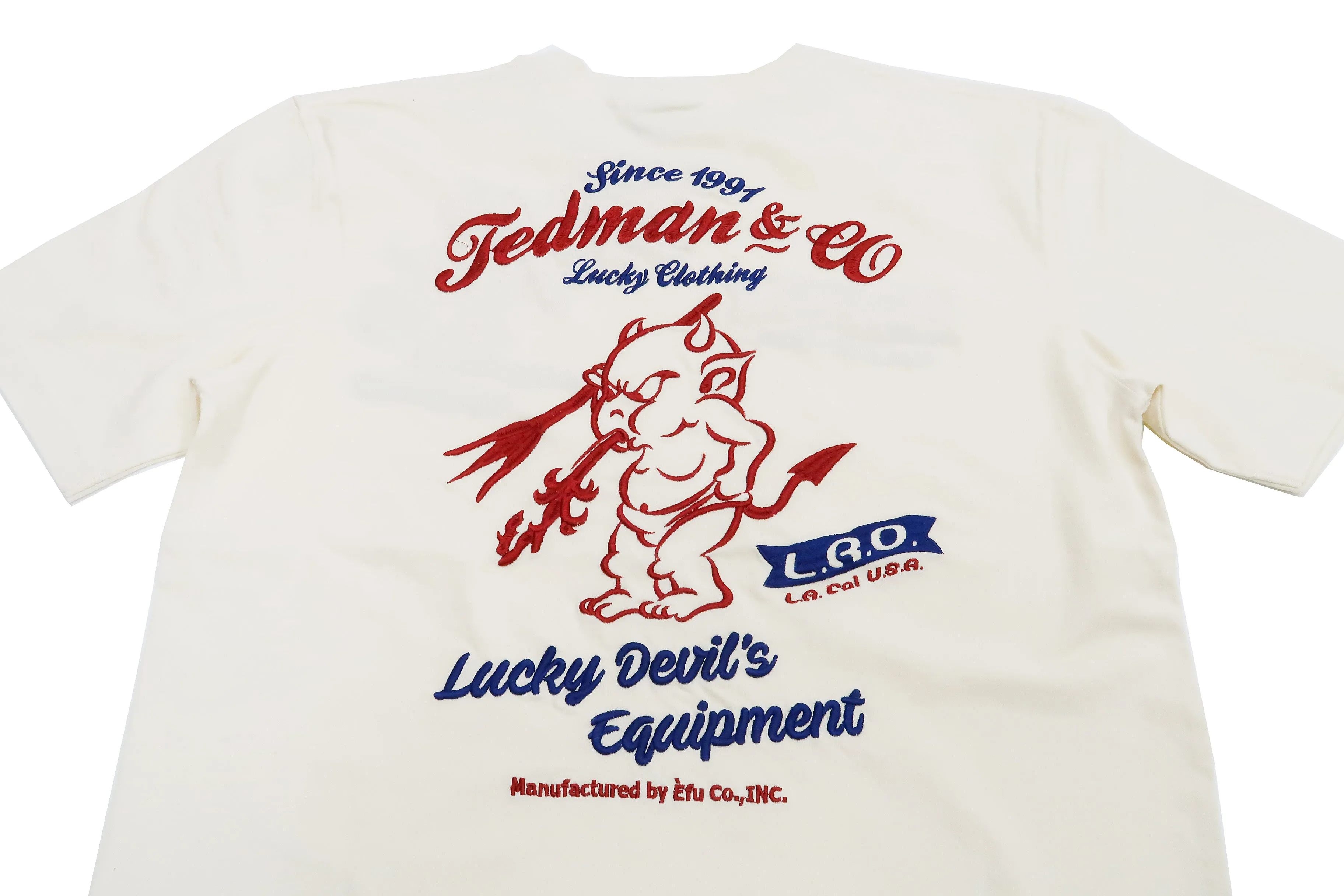 Tedman Embroidered T-Shirt Men's Lucky Devil Graphic Short Sleeve Tee Efu-Shokai TDSS-548 Off-White