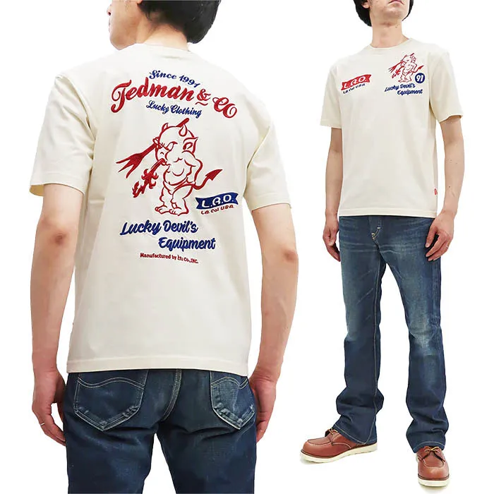 Tedman Embroidered T-Shirt Men's Lucky Devil Graphic Short Sleeve Tee Efu-Shokai TDSS-548 Off-White