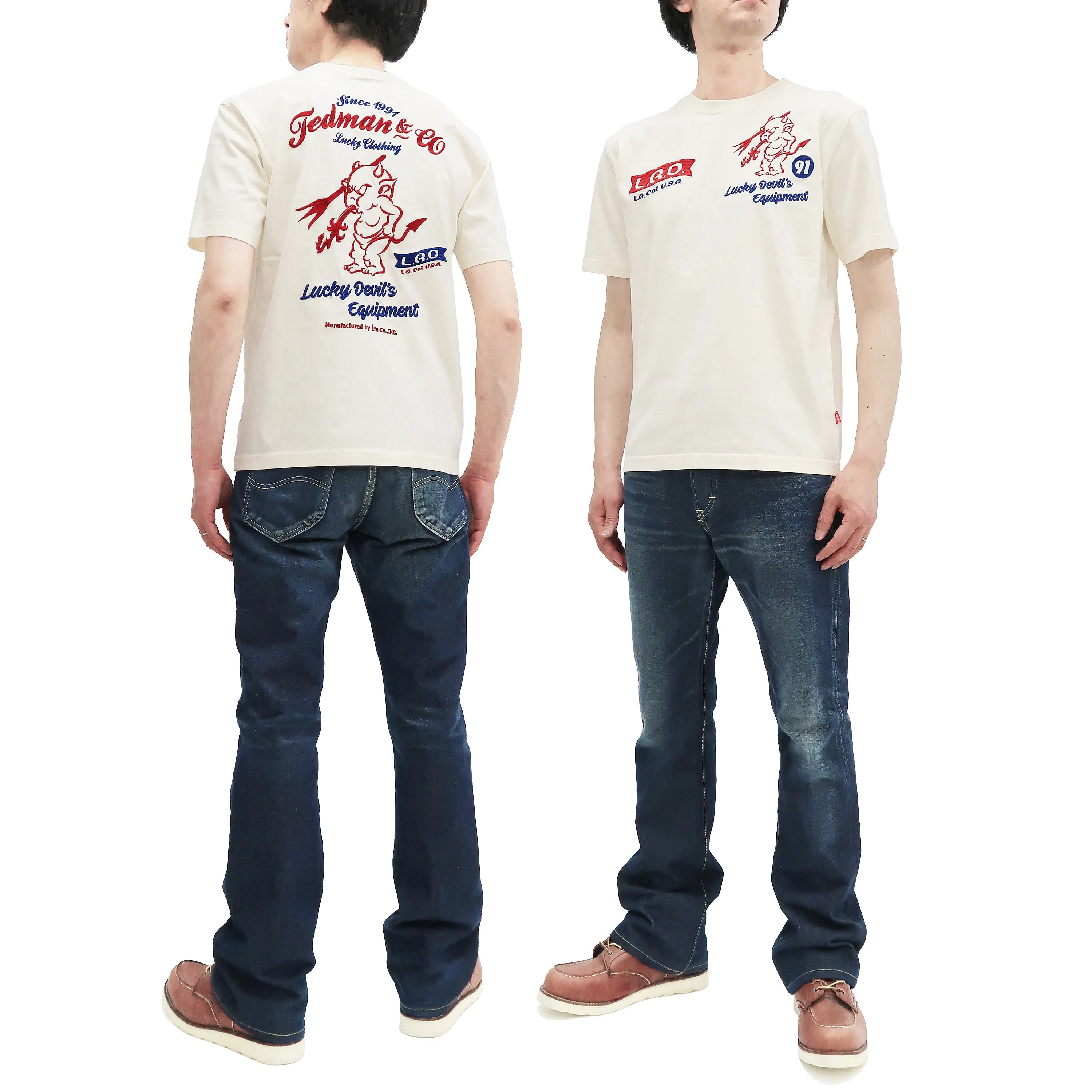 Tedman Embroidered T-Shirt Men's Lucky Devil Graphic Short Sleeve Tee Efu-Shokai TDSS-548 Off-White