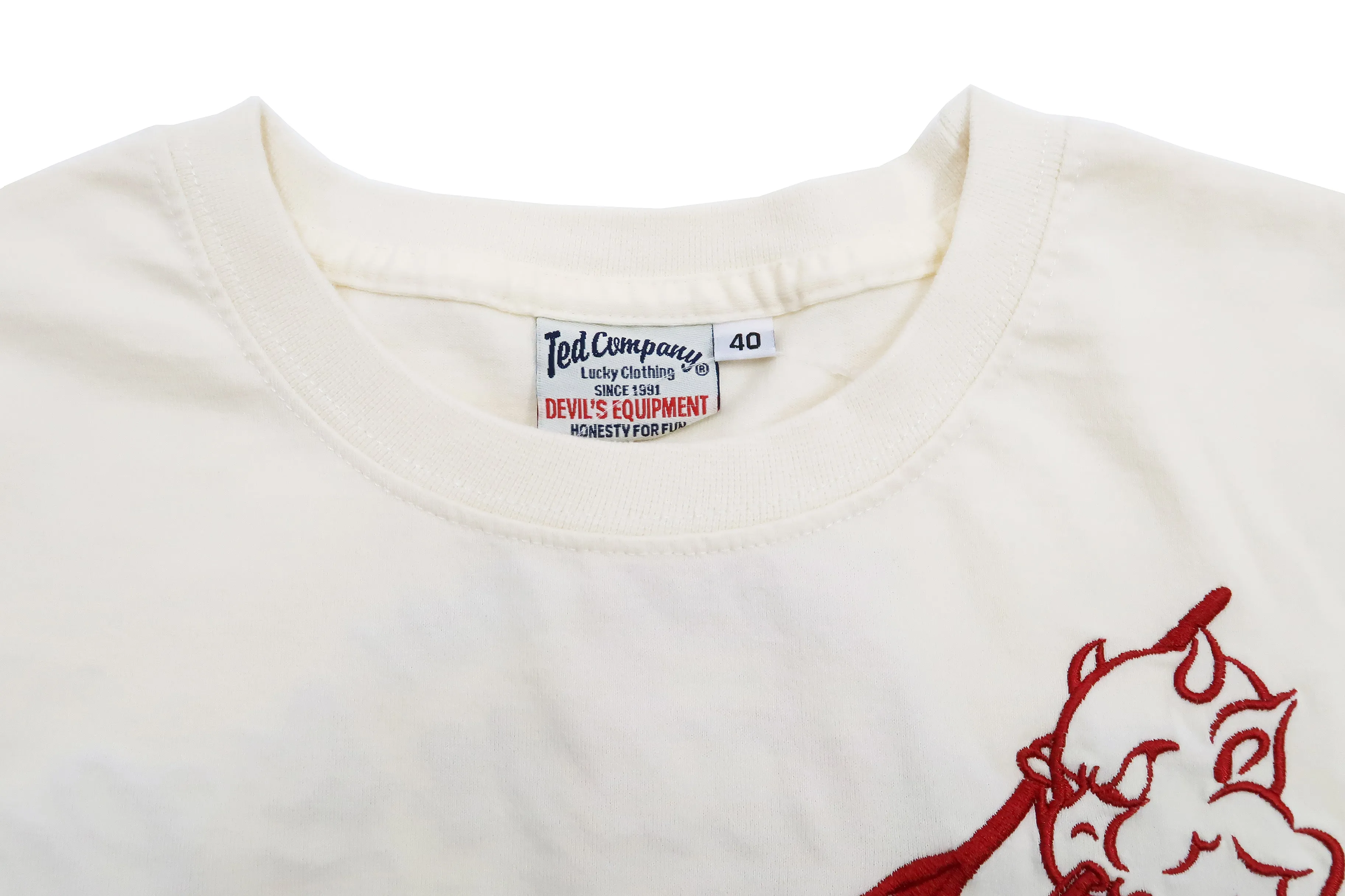 Tedman Embroidered T-Shirt Men's Lucky Devil Graphic Short Sleeve Tee Efu-Shokai TDSS-548 Off-White