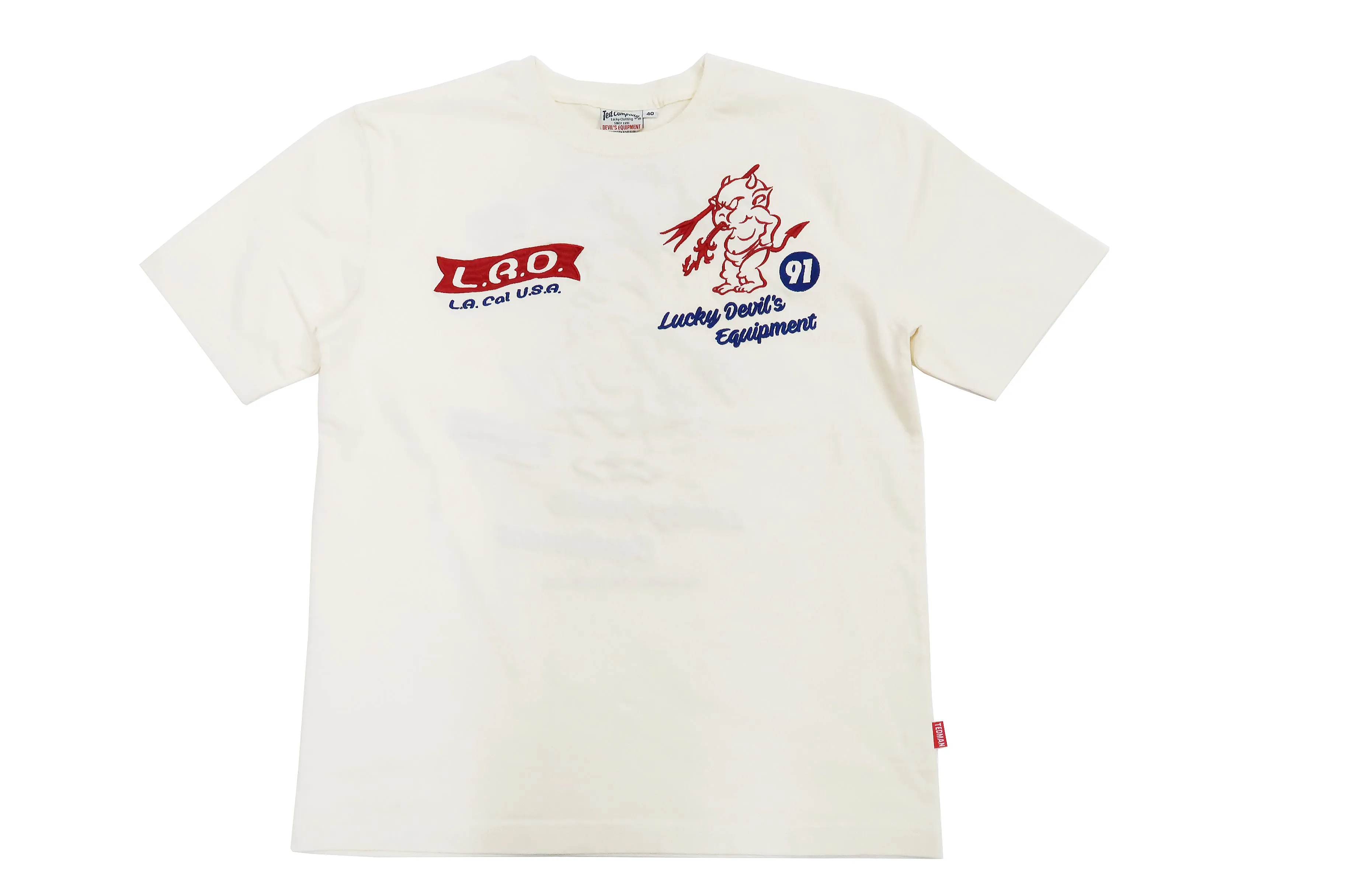 Tedman Embroidered T-Shirt Men's Lucky Devil Graphic Short Sleeve Tee Efu-Shokai TDSS-548 Off-White