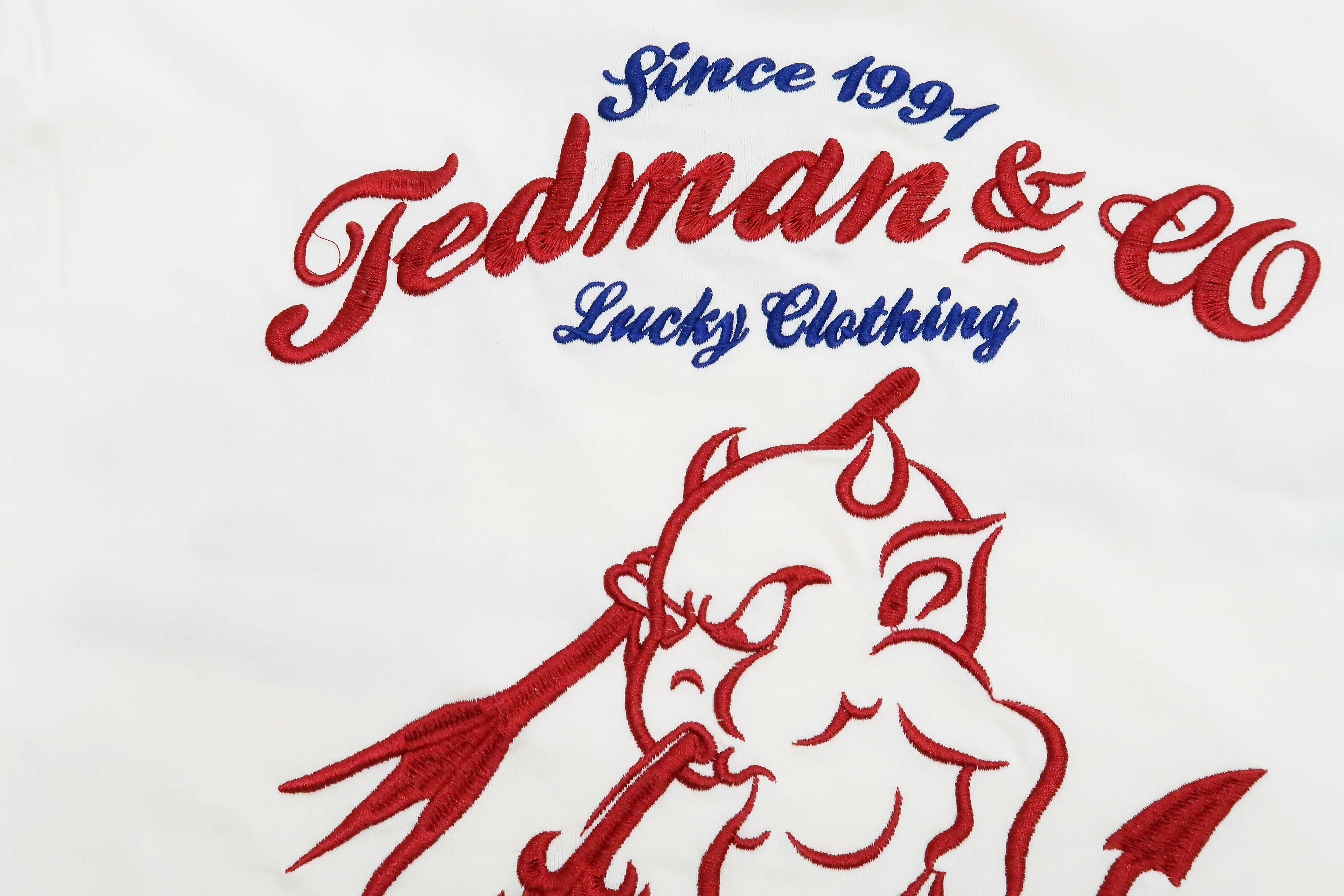 Tedman Embroidered T-Shirt Men's Lucky Devil Graphic Short Sleeve Tee Efu-Shokai TDSS-548 Off-White