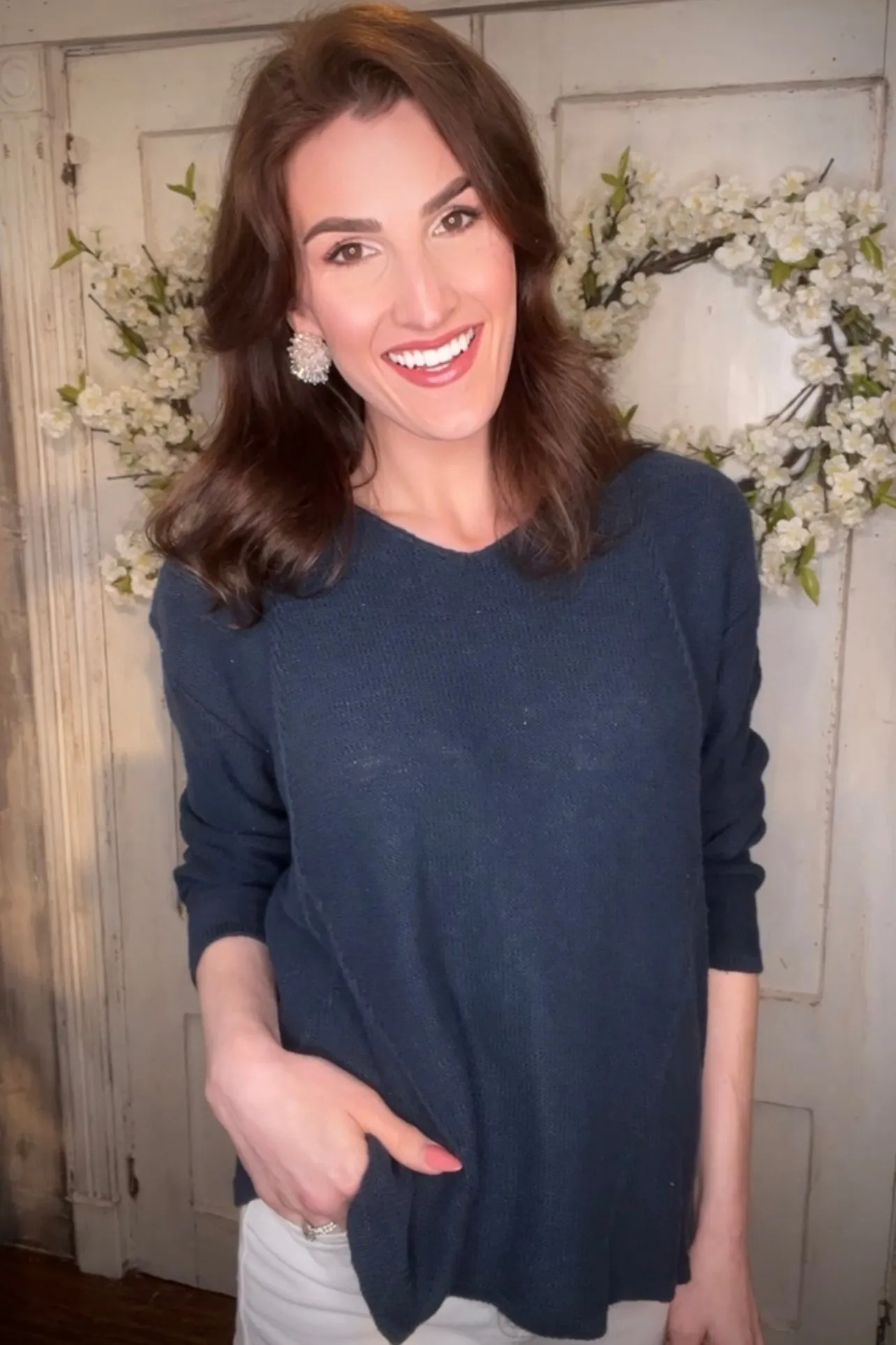 V-Neck Cotton Channel Seam Detail Sweater