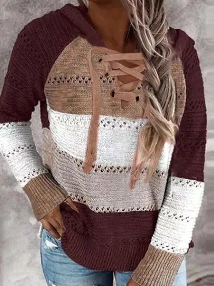 V-neck Lace Up Color Block Casual Loose H-line Sweater