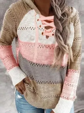V-neck Lace Up Color Block Casual Loose H-line Sweater