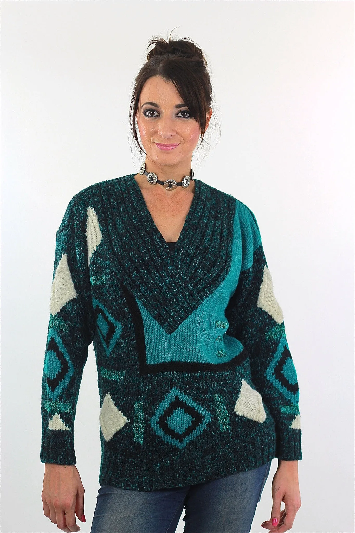 Vintage 80s Deep V Ribbed Abstract Sweater Green Black