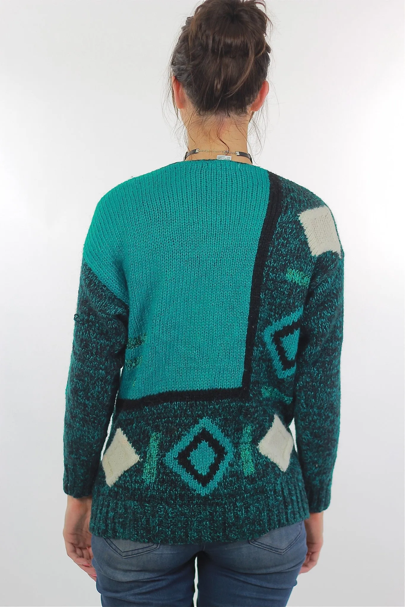 Vintage 80s Deep V Ribbed Abstract Sweater Green Black