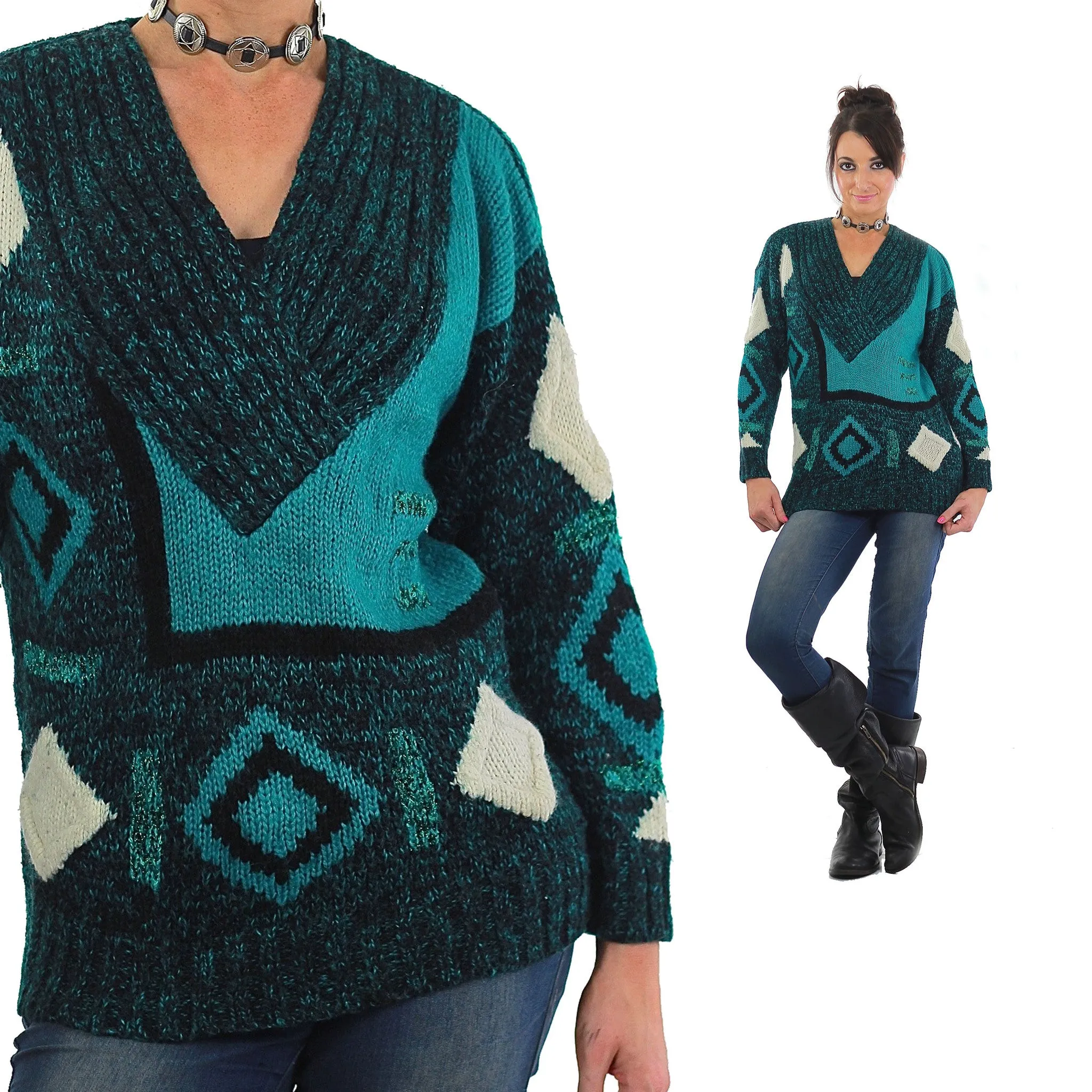 Vintage 80s Deep V Ribbed Abstract Sweater Green Black