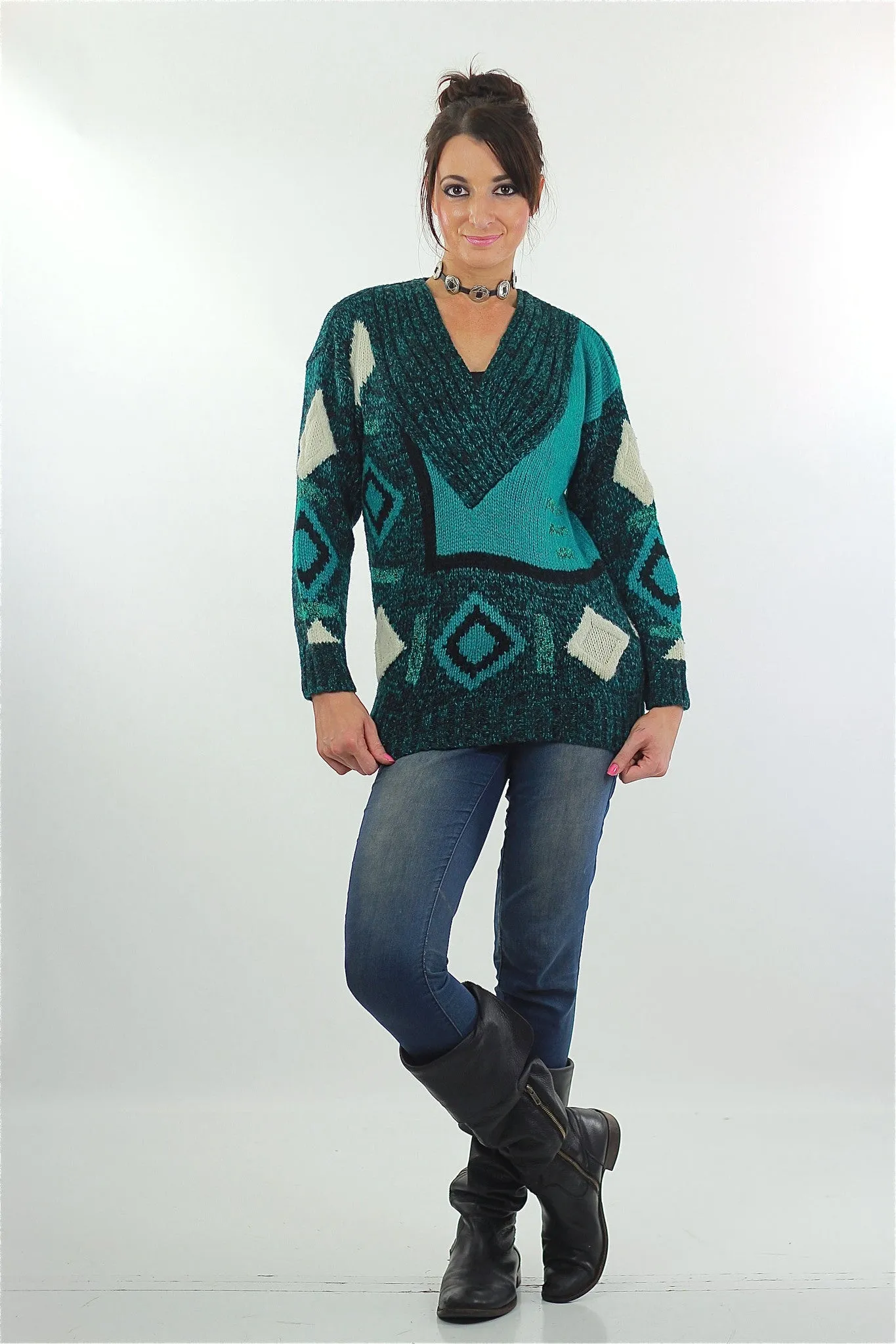 Vintage 80s Deep V Ribbed Abstract Sweater Green Black
