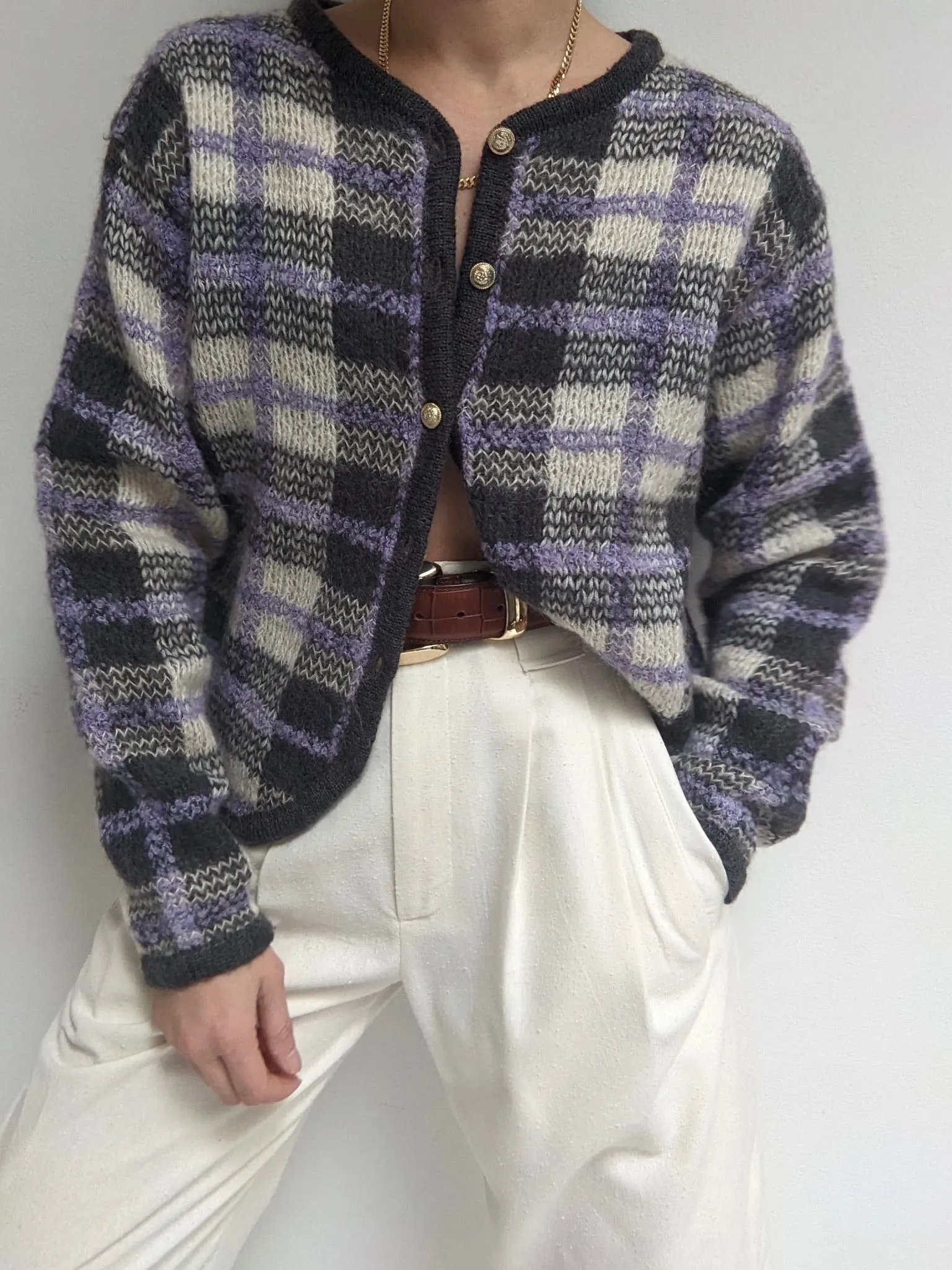 Vintage Lavender Plaid Mohair Cardigan