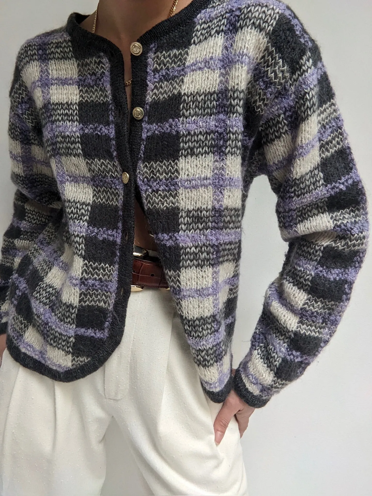 Vintage Lavender Plaid Mohair Cardigan