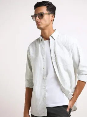 WES Casuals Green Striped Cotton Relaxed Fit Shirt