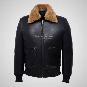 WINGMAN Fur Collar Leather Bomber Jacket Black For Men