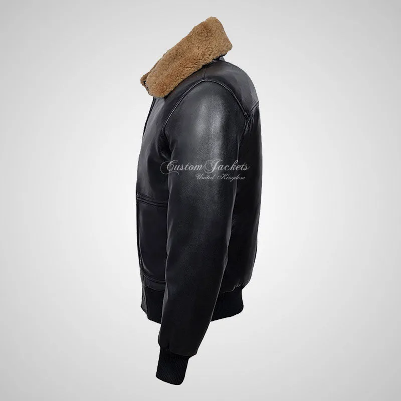 WINGMAN Fur Collar Leather Bomber Jacket Black For Men