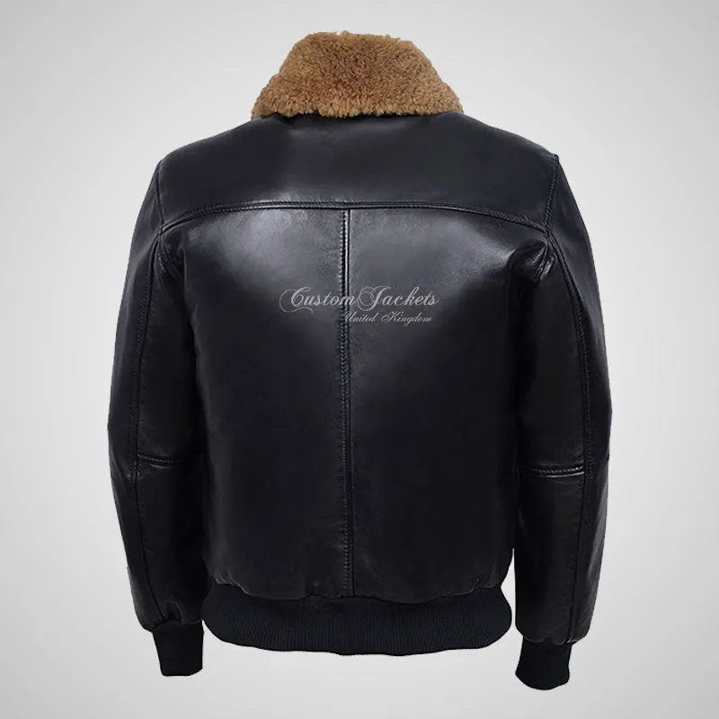 WINGMAN Fur Collar Leather Bomber Jacket Black For Men