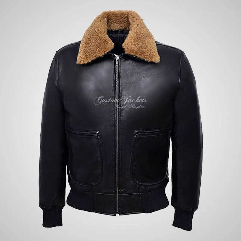 WINGMAN Fur Collar Leather Bomber Jacket Black For Men