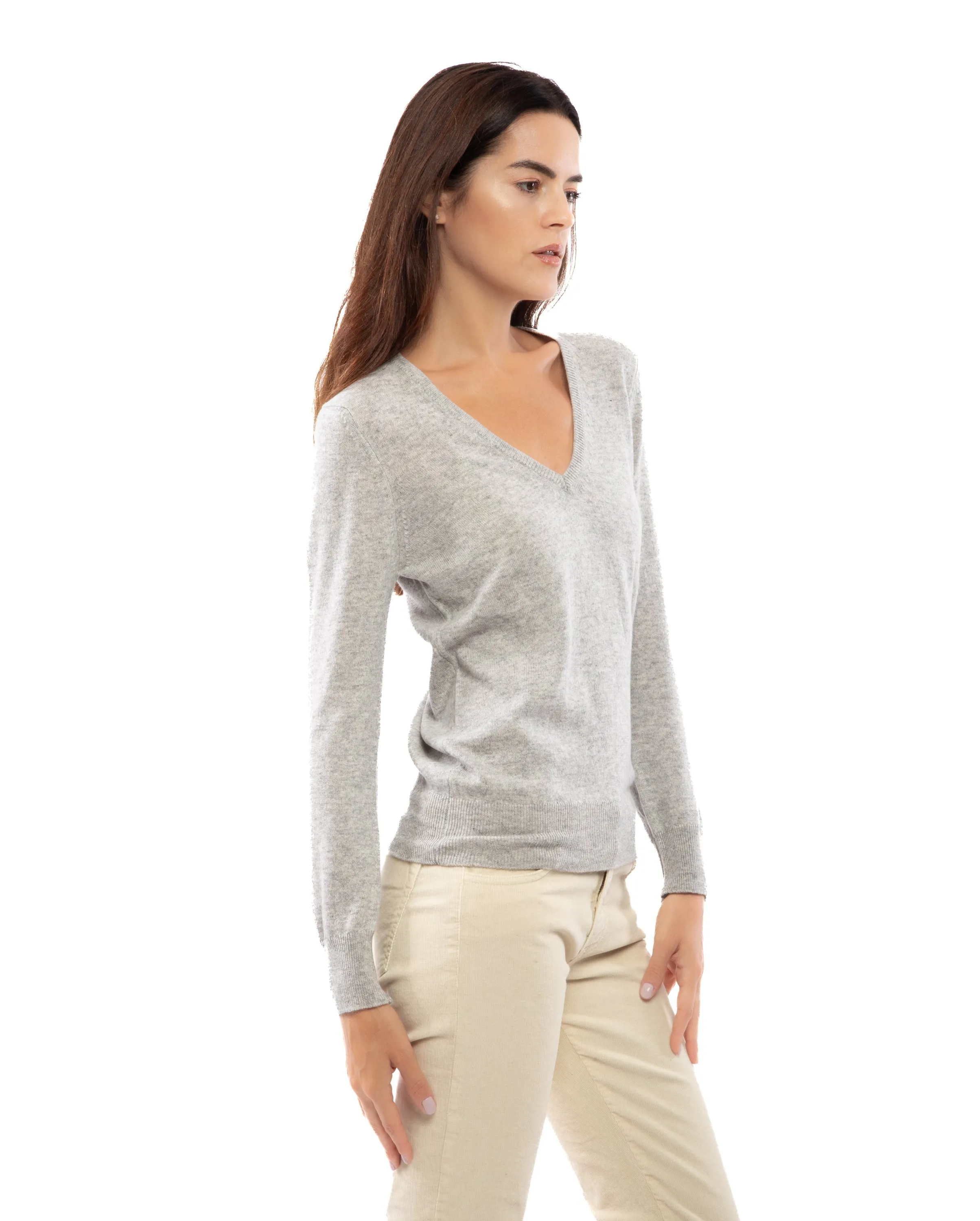 Women's Pure Cashmere V-Neck Sweater Melange Gray