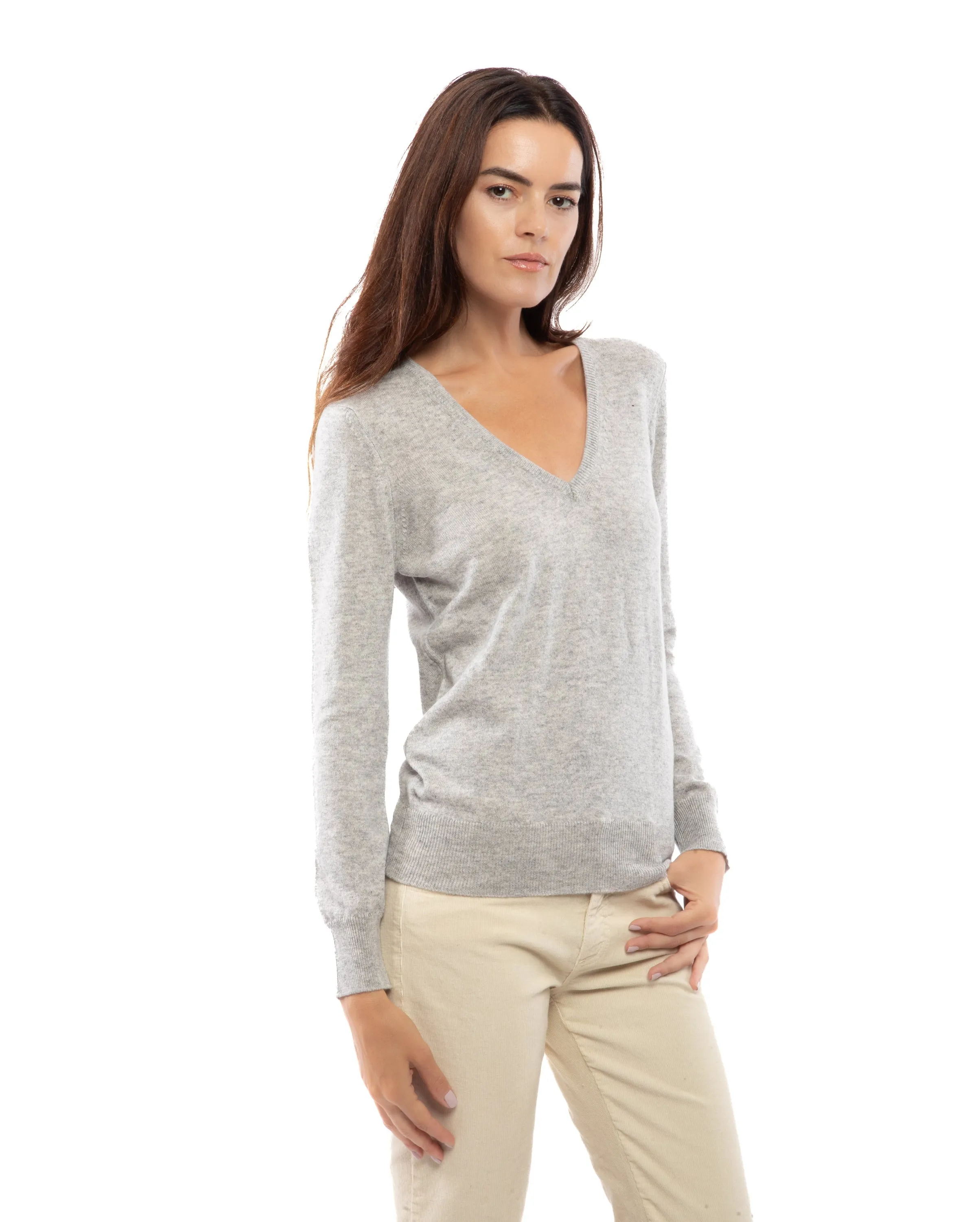 Women's Pure Cashmere V-Neck Sweater Melange Gray
