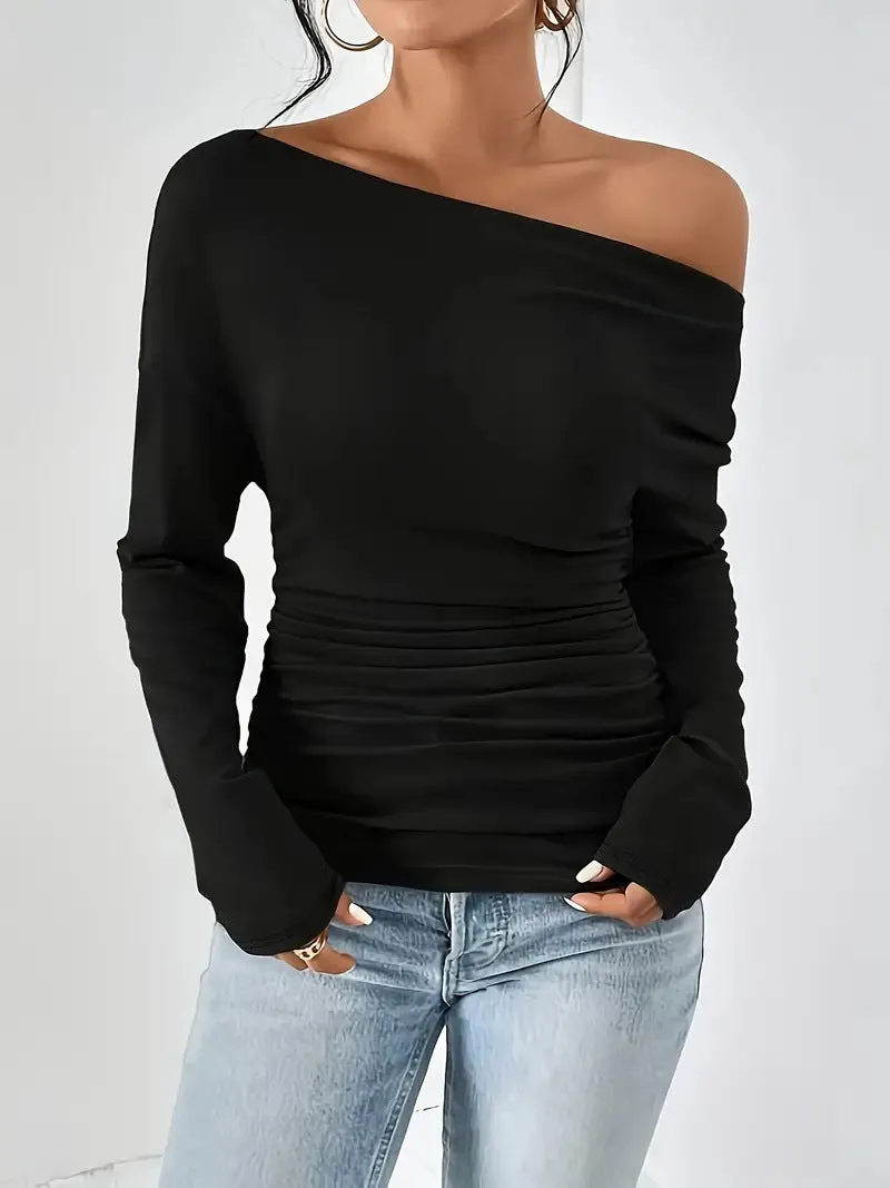 Women's Solid Color Shoulder Long Sleeve Pleated Blouses